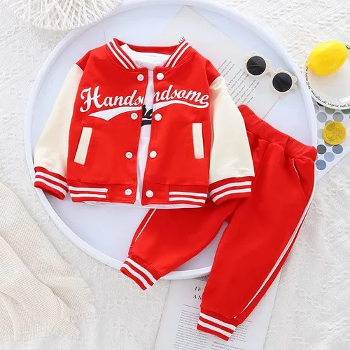 Vista 2 de Ropa deportiva para bebés, ropa para niños y niñas, chaqueta de béisbol+camiseta+pantalón, 3 piezas, ropa escolar para niños