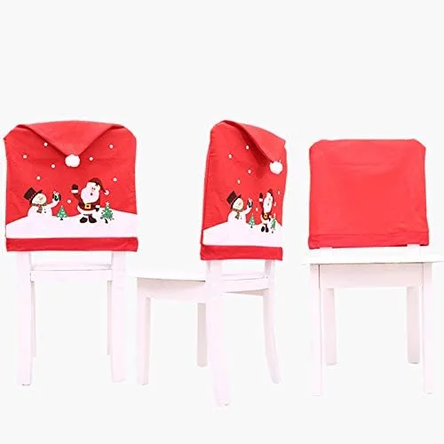Vista 5 de Ewer Funda para silla con gorro de Papá Noel, 6 fundas de silla de Navidad, decoración no tejida, muñeco de nieve rojo, cubierta trasera para silla