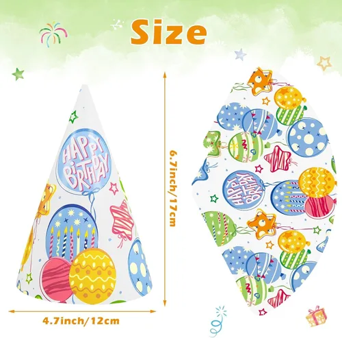 Vista 2 de WERNNSAI 12 Pcs Birthday Party Hats Assorted Themes Cone Paper Headbands Multiple Styles, Easy to Assemble with Elastic Strings, Kids Birthday