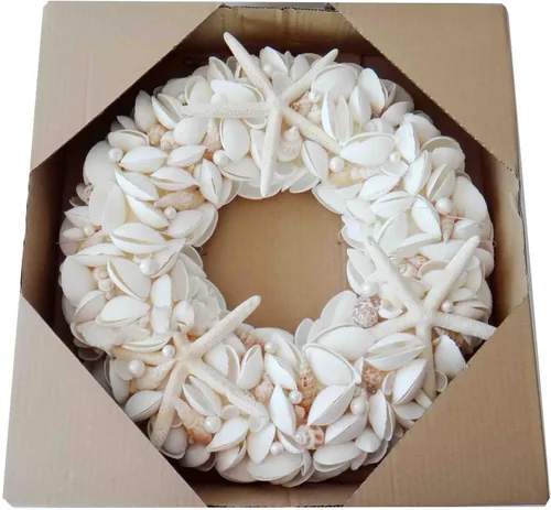 Vista 4 de Natural Seashell Wreath w/Shells, Starfish, Pearls, Sea Snails - Spring & Summer Coastal Decor Beach House Indoor Door Wreath, 18in White/Natural