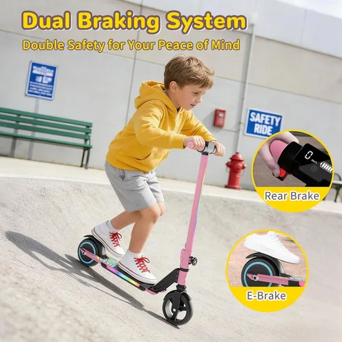 Vista 5 de SIMATE Electric Scooter for Kids 6-14, e Kick Scooter with LED Display and Colorful Lights, Adjustable Height and Foldable, Double Brake, Gifts for