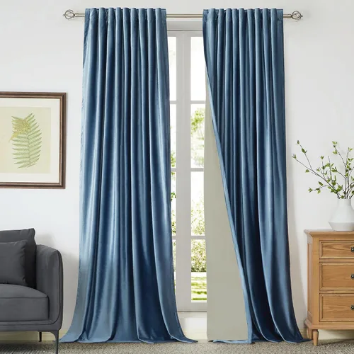 Vista 42 de Cortinas opacas de terciopelo de felpa negras de 63 pulgadas de largo para dormitorio, juego de 2 paneles de forro con bolsillo para barra, pestaña