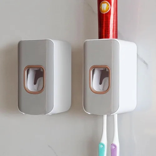 Vista 33 de Soporte de plástico para cepillos de dientes de 2 ranuras y dispensador de pasta de dientes montado en la pared, exprimidor automático de pasta