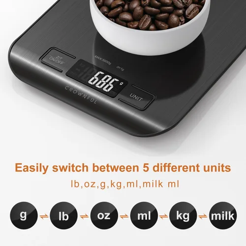 Vista 2 de CROWNFUL Báscula de Alimentos, Básculas Digitales de Cocina de 11 lb con Batería Tipo Moneda Integrada, Pesa en Onzas y Gramos para Cocinar y Negro