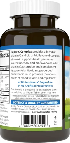 Vista 3 de Carlson - Complejo Super-C, vitamina C + bioflavonoides, función inmune y bienestar óptimo, antioxidante, 100 tabletas vegetarianas (paquete de 2)