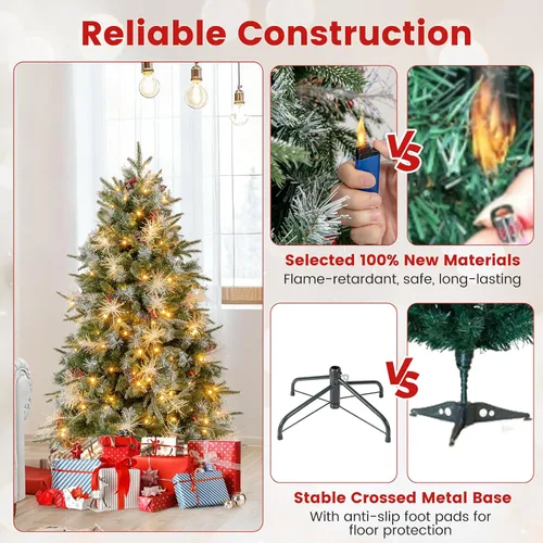 Vista 4 de DORTALA Árbol de Navidad preiluminado de 5 pies, árbol de Navidad artificial con bisagras con 190 luces LED blancas cálidas, 602 puntas de rama, 26