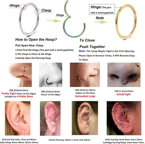 Vista 5 de Juego de 5 aretes para nariz calibre 20G, 18G y 16G, de acero quirúrgico 316 L, piercing para trago, tabique y cartílago, para mujeres y hombres