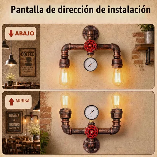 Vista 4 de MQ Lámpara de pared de tubería de agua, accesorios Steampunk, 2 luces, montaje en pared, enchufe E26, lámpara de pared rústica vintage para baño