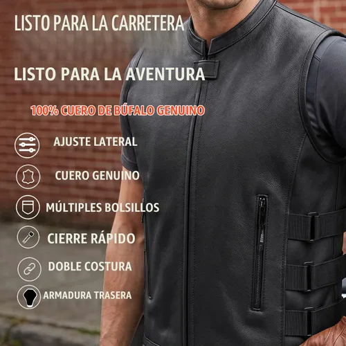 Vista 4 de Armor Biker - Chaleco ajustable de cuero para hombre, color negro