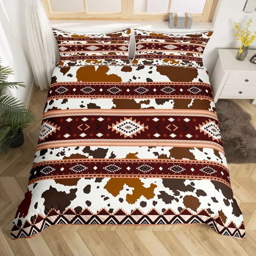 Vista 12 de Juego de ropa de cama de piel de vaca, funda de edredón con estampado de vaca de las tierras altas, tamaño individual, funda de edredón tribal Multi