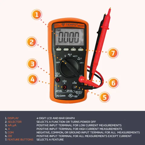 Vista 9 de TEMPO Comunicaciones MM200 Multímetro digital, Multi Metro Voltaje AC/DC, Corriente, Frecuencia, Resistencia, Verificar Diodos, Verificar Continuidad