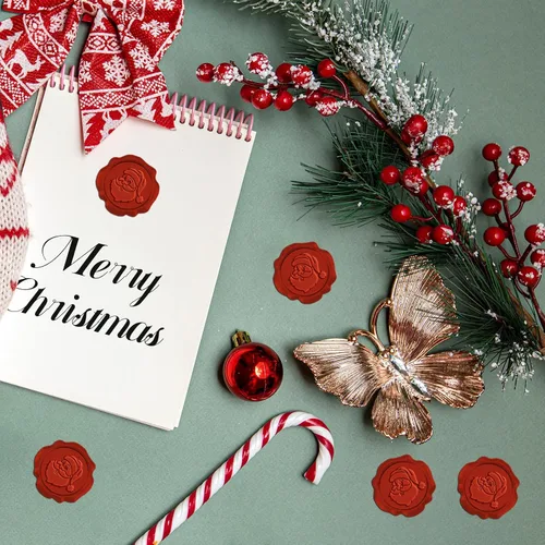 Vista 5 de CRASPIRE 50 calcomanías de sello de cera de Navidad, sello autoadhesivo de Papá Noel para sobres rojos, invitaciones de boda, tarjetas