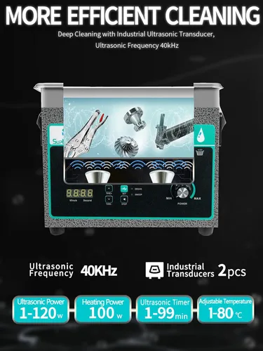 Vista 4 de Limpiador ultrasónico de 3 litros con potencia y barrido ajustables, máquina de limpieza ultra sónico de 120 W, temporizador digital y calentador