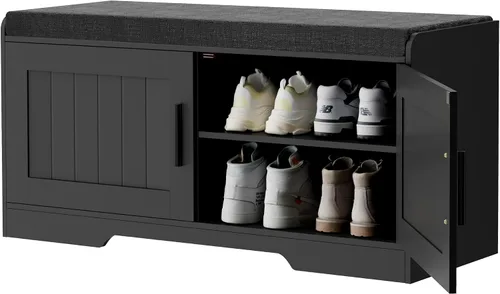 Vista 9 de Homleke Banco de almacenamiento de zapatos, 2 puertas y cojín acolchado Negro