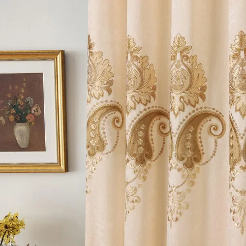 Vista 3 de ELKCA Cortinas de chenilla beige con patrón bordado para sala de estar, cortinas europeas para dormitorio, ojal superior