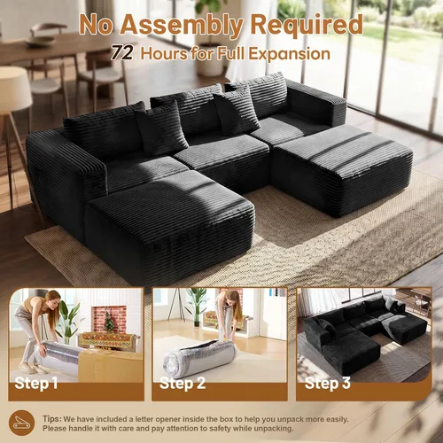 Vista 3 de 110" Sofá seccional modular con 2 otomanos móviles, sofás nube para sala de estar, sofá de forma U con asiento profundo sin huesos, lujosa tela