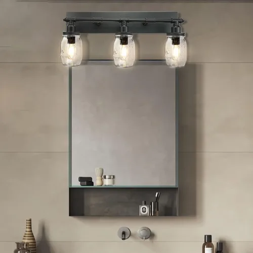Vista 6 de Lámpara de pared para baño, lámpara industrial de tarro de masón, aplique de pared con acabado negro (3 luces)