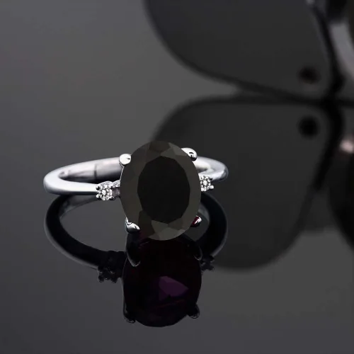 Vista 4 de Gem Stone King Anillo de compromiso de plata de ley 925 con ónix negro y diamante blanco para mujer