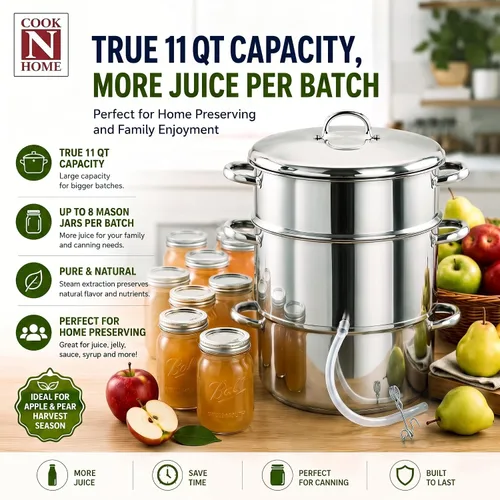 Vista 3 de Cook N Home Basics Exprimidor de jugo para enlatado con extractor, con sartén para agua/cocción, sartén para jugo, colador/sartén de carga, tapa