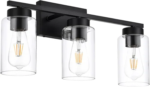 Vista 3 de Lámpara de tocador de baño de 3 luces, modernas luces de pared negras con pantallas de vidrio transparente, lámpara de pared de baño para espejo 3