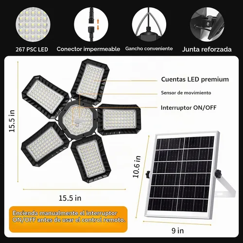 Vista 7 de Luz solar para cobertizo con encendido constante y activada por movimiento, panel solar de vidrio templado simple de 2 modos con 267 LED, lámpara