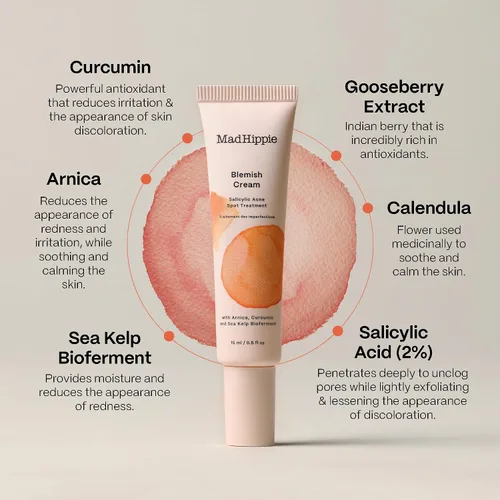 Vista 4 de Mad Hippie Crema contra imperfecciones: tratamiento para manchas de acné con ácido salicílico al 2% y árnica reductora de enrojecimiento, curcumina