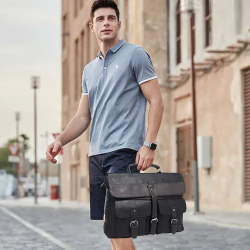 Vista 2 de Bolsa de mensajero de cuero para hombre, bolso vintage para computadora portátil, resistente al agua, maletín de viaje de negocios, bolsa de trabajo