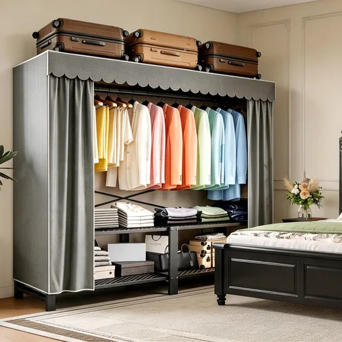 Vista 2 de Garment Rack with Cover Heavy Duty Portable Wardrobe Closet Grey 49.25in