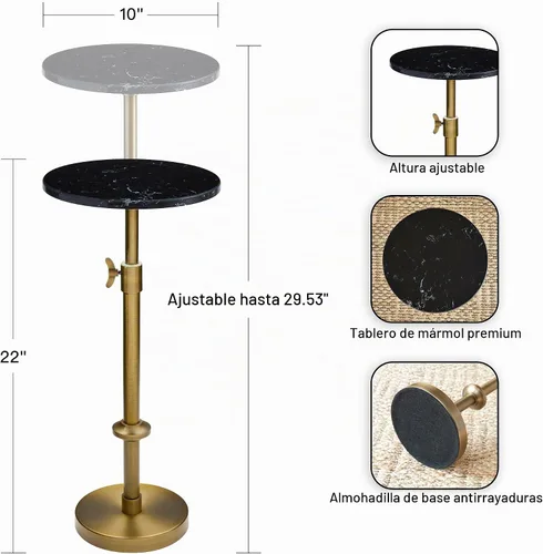 Vista 3 de Mesa ajustable de mármol negro de 10 pulgadas con 2 posavasos, latón antiguo Adjustable 10" round martini end table & pedestal side table. Black