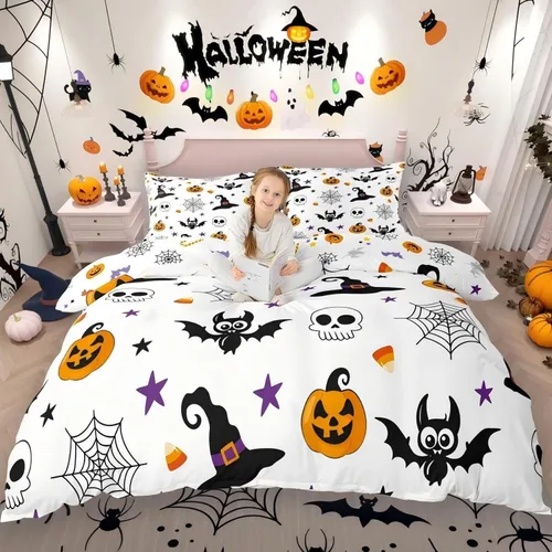 Vista 18 de Juego de ropa de cama de Halloween, funda de edredón gótica de murciélagos negros con telarañas, funda de edredón individual, diseño de arañas