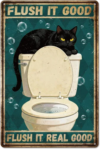 Vista 9 de GLOBLELAND Bathroom Black Cat Metal Tin Sign 8x12 inch "Welcome to the Bathroom" Funny Vintage Painting Tin Signs Wall Poster Plaque for Toilet Room