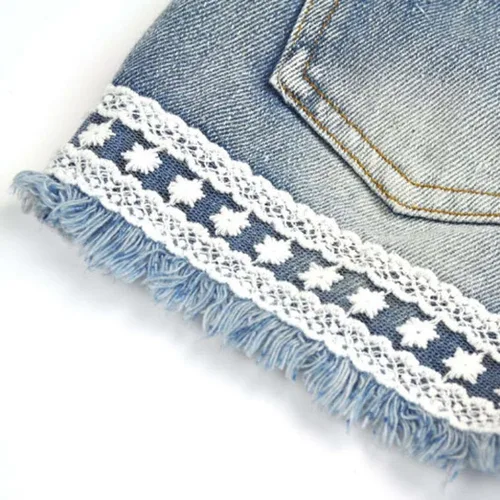 Vista 7 de Conjunto de ropa de chaleco de gasa con perlas y pantalones cortos de mezclilla para bebés de 2 a 7 años