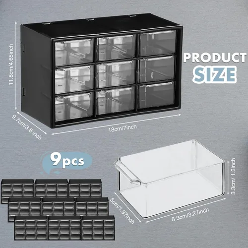 Vista 3 de Rtteri Mini organizador de cajones de plástico de 9 piezas, caja de almacenamiento de escritorio, organizador de manualidades con 9 cajones Negro