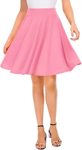 Vista 11 de EXCHIC Falda básica para mujer, estilo patinadora, casual, elástica, plisada, minifalda con vuelo midi de línea A 10