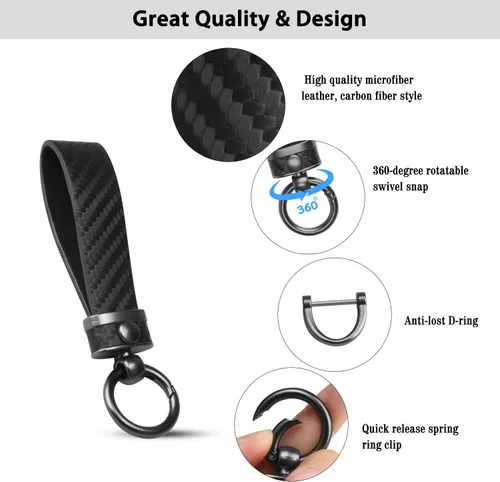Vista 3 de QBUC Llavero de coche estilo fibra de carbono, llavero portallaves de cuero de microfibra para hombres y mujeres, con giratorio de 360 grados, Negro