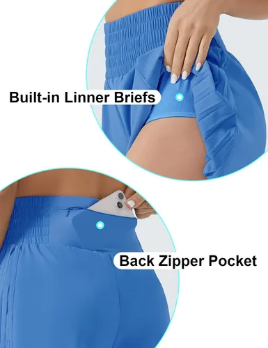 Vista 5 de THE GYM PEOPLE Pantalones cortos de entrenamiento de cintura alta para mujer, plisados laterales, pantalones cortos deportivos con forro de malla