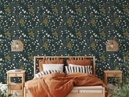 Vista 2 de Papel tapiz de flores mostaza y escarabajos, papel tapiz botánico autoadhesivo extraíble, papel tapiz floral para despegar y pegar