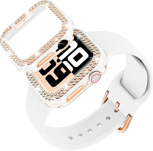 Vista 14 de DABAOZA Compatible con Apple Watch de 1.496 pulgadas con funda de parachoques con purpurina, correa ajustable de silicona negra, suave y cómoda