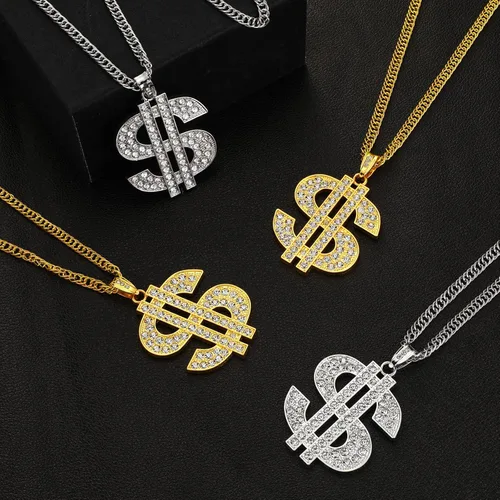 Vista 3 de Collar de cadena chapada en 4 piezas para hombre con colgante de signo de dólar, collar de dólar