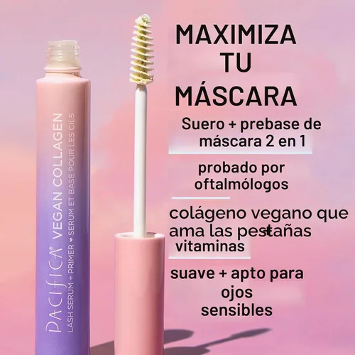 Vista 2 de Suero para pestañas de colágeno vegano Pacifica y máscara transparente primer – Fórmula acondicionadora de vitamina B y E para pestañas más largas