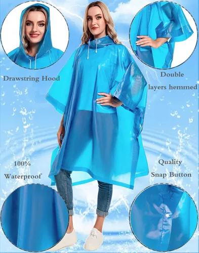Vista 36 de Paquete de 2 ponchos de lluvia para adultos, reutilizables, impermeables, de supervivencia, emergencia, resistente, con capucha con cordón