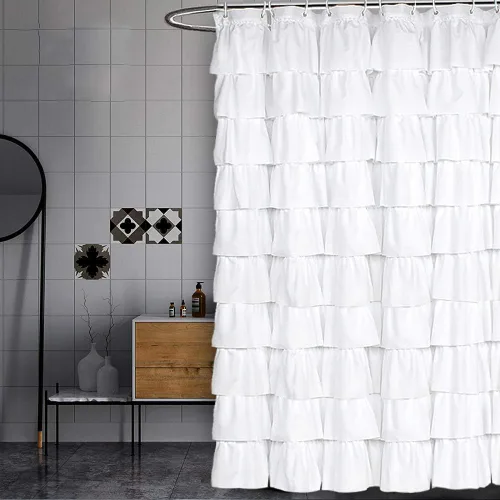 Vista 11 de Volens - Cortina de baño de tela con volantes, estilo rústico de granja, color rosa, para baño, 72" x 72