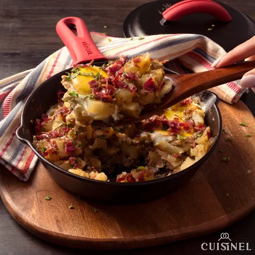Vista 7 de Cuisinel Sartén de hierro fundido con tapa, juego de sartén cubierta pre-sazonada de 8 pulgadas + mango de silicona y soportes de tapa +