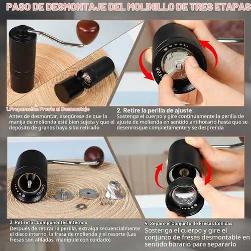 Vista 8 de Molinillo de café manual desmontable con rebabas cónicas de acero inoxidable de 25 niveles, molinillo portátil de grano de café de aluminio Negro