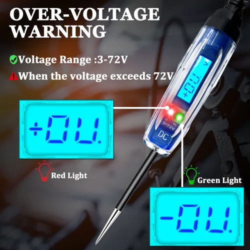 Vista 2 de Luz de prueba automotriz, 3-72V DC LCD Probador de circuito digital con iluminación, probador de luz resistente con voltímetro, probador de voltaje