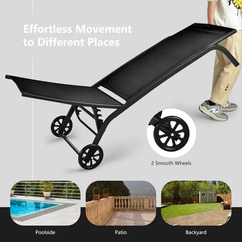 Vista 7 de COSTWAY Tumbona para exteriores con ruedas, silla de bronceado ajustable de 6 posiciones con marco de aluminio estable, silla de descanso portátil