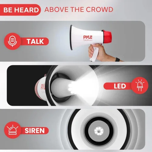 Vista 3 de Pyle 30W Megaphone Bullhorn with Built-in Siren, LED Lights, Adjustable Volume Control, 800-Yard Range, Lightweight & Portable - Ideal for Football
