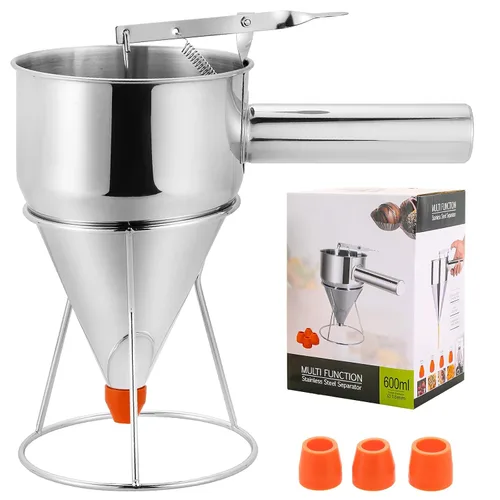 Vista 9 de Dispensador de masa de panqueques de acero inoxidable de 20.3 fl oz/20 onzas, dispensador de embudo de pistón con soporte mango desmontable