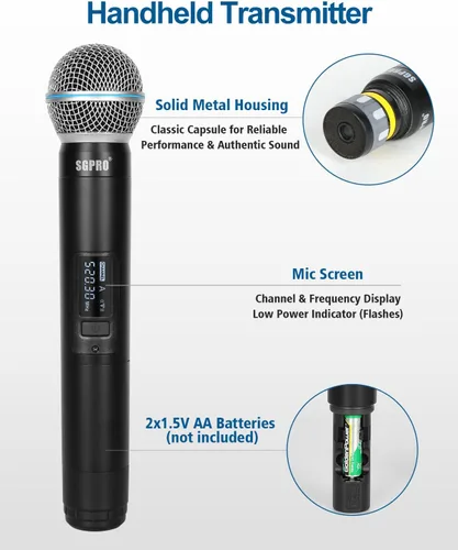 Vista 5 de SGPRO SG-400F Sistema de micrófono inalámbrico de frecuencia fija de 4 canales Alcance de 250 pies, micrófonos y receptor de metal, micrófonos
