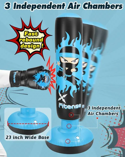 Vista 4 de Fitense Kids Punching Bag, 63 Inch Inflatable Punching Bag with Electric Air Pump & Gloves, Kids Boxing Bag for Boys Girls Age 6-12, Dinosaur Ninja